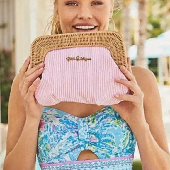 πNWTπ©·Lilly Pulitzer-Cayo Coco-Havana Pink-Wicker Clutch-Pink and white striped - Picture 1 of 6